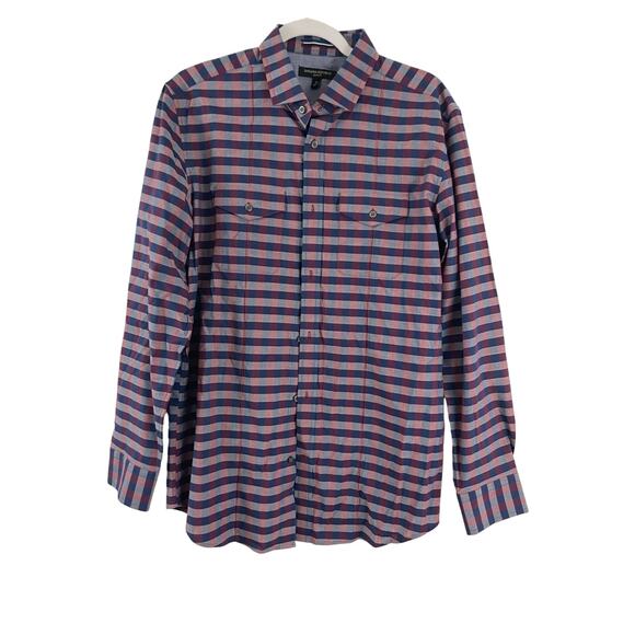 Banana Republic Medium Button Shirt Slim Fit Long Sleeve Blue Red Plaid Gray - Picture 1 of 10